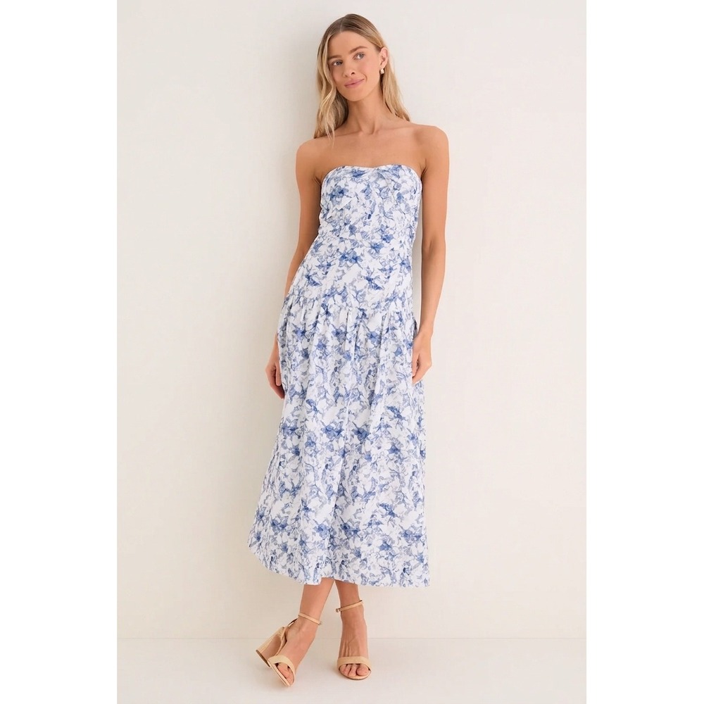 English Factory Natalie Strapless Midi Dress Size Small Navy Watercolor Resort